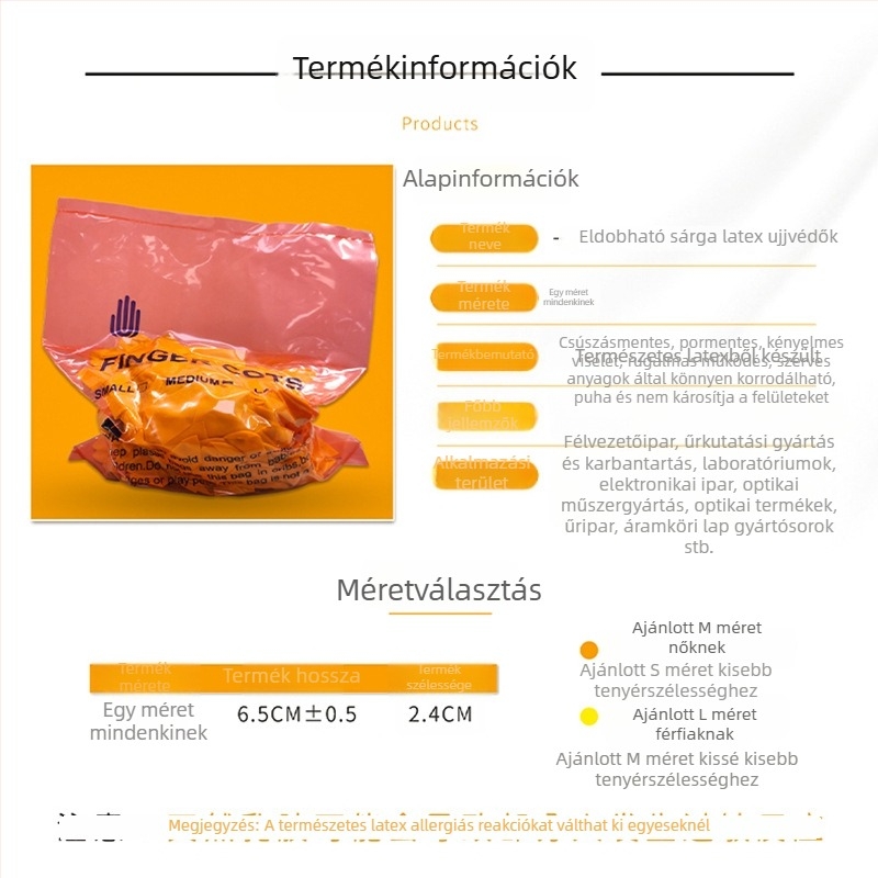 Egyszer használatos bézs latex ujjvédők, púdermentes, antistatikus, csúszásmentes, ipari felhasználásra