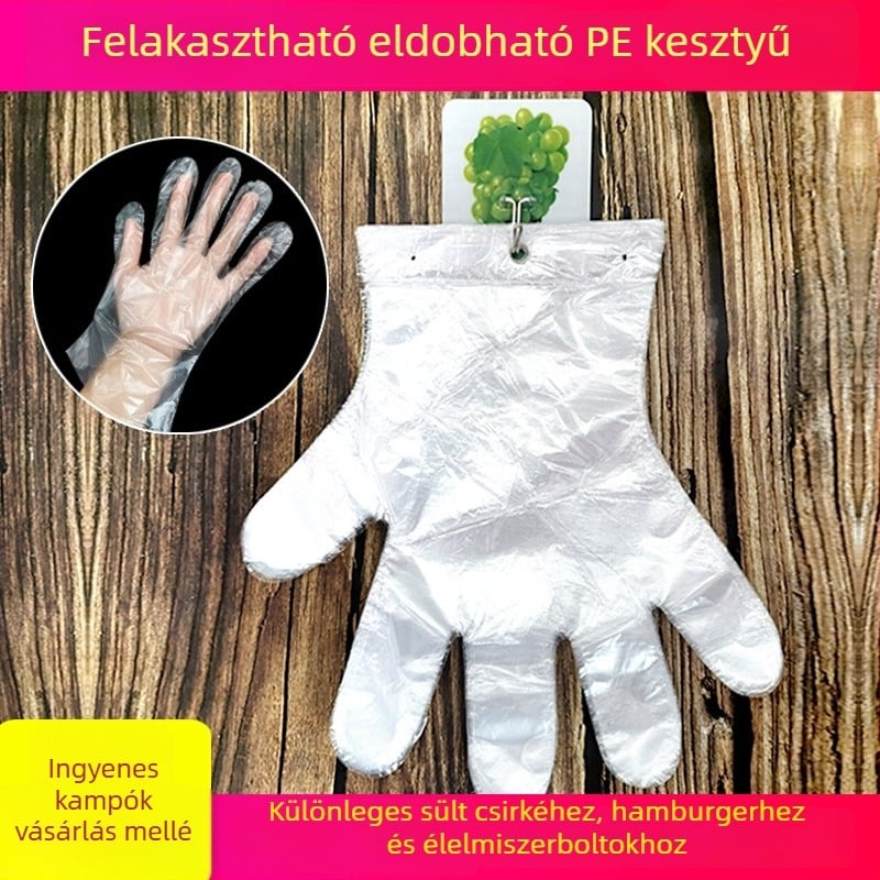 Egyszer használatos PE kesztyűk élelmiszeripari felhasználásra, átlátszó, akasztónyílással, 100 db/csomag