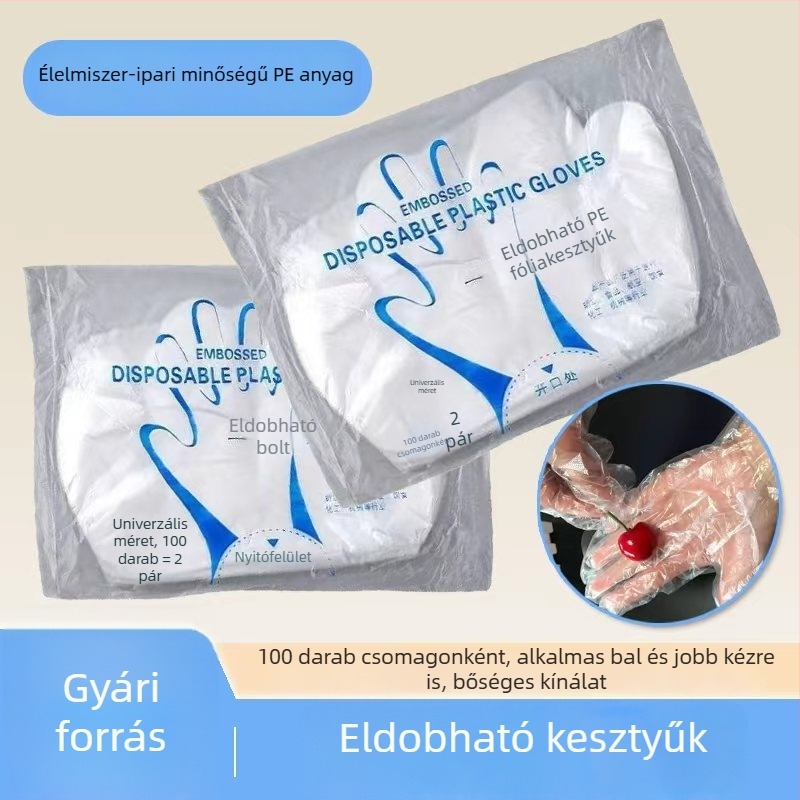 Egyszer használatos kesztyűk éttermi és fodrászati használatra, átlátszó PE fólia, vastított, vízálló, olajálló, élelmiszer-minőségű