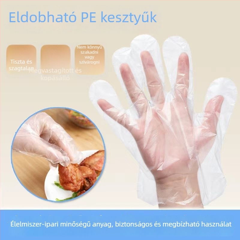 Egyszer használatos kesztyűk éttermi és fodrászati használatra, átlátszó PE fólia, vastított, vízálló, olajálló, élelmiszer-minőségű