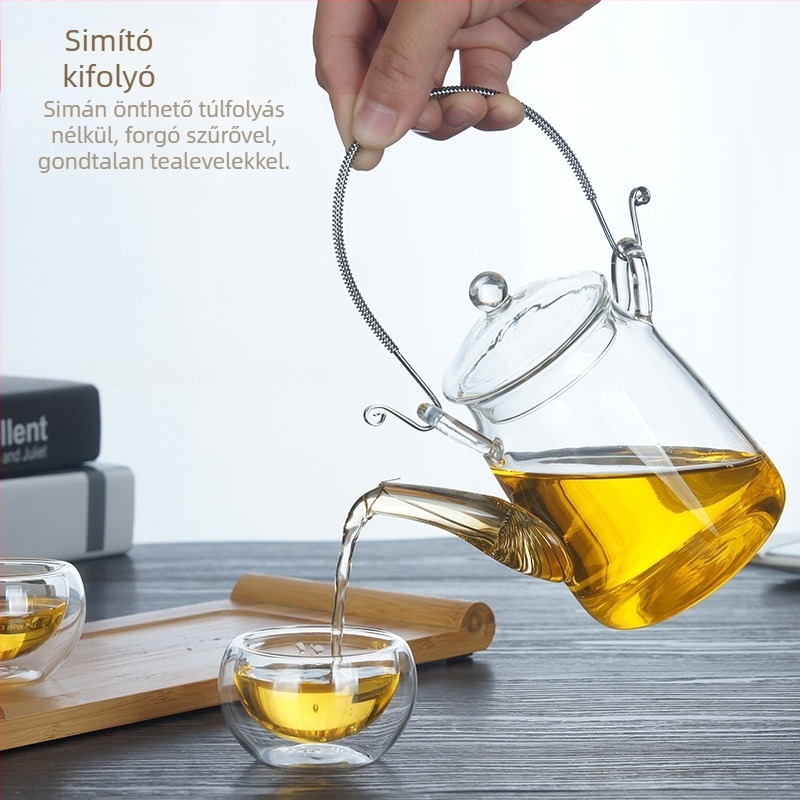 Hőálló üvegből készült teáskanna emelhető fogantyúval, virágtea, Kung Fu teáskészlet