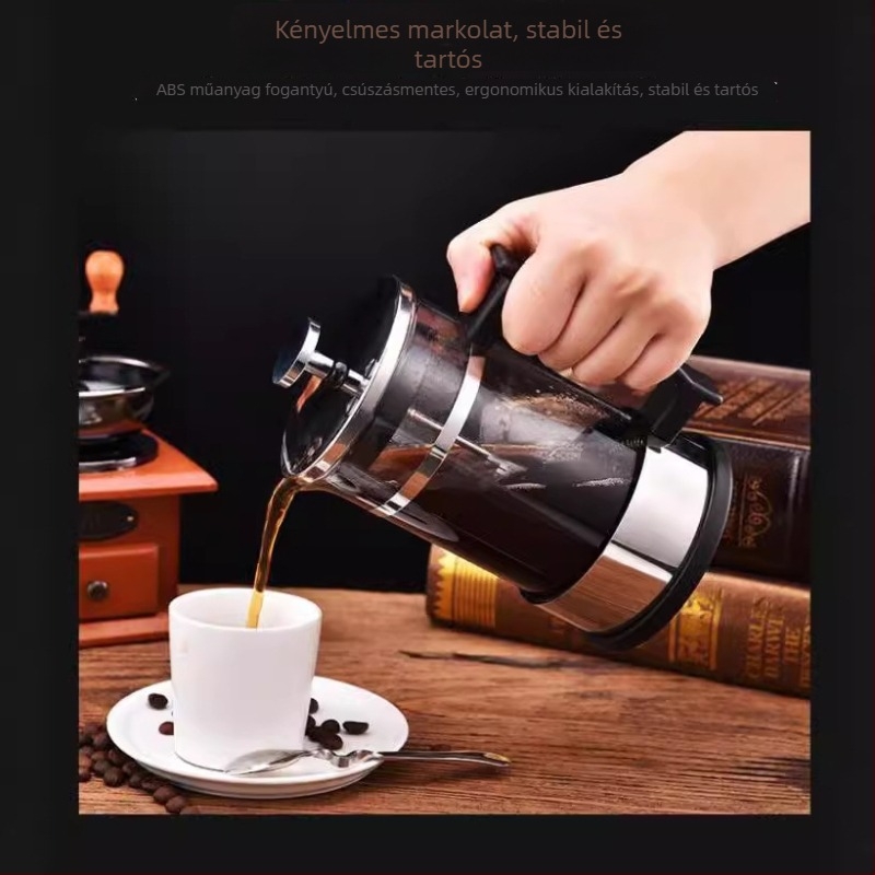 Üveg tea- és kávészett francia presszóval, tejhabosítóval, szűrővel, kávéscsészével és kézzel készített kávéhoz
