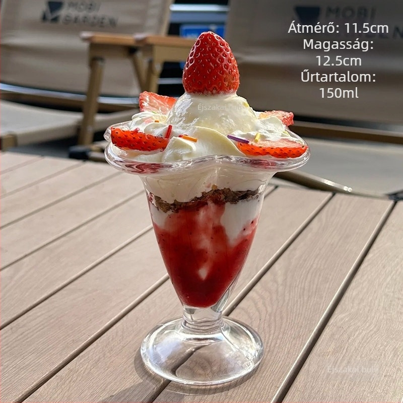 Üvegből készült desszert pohár kanállal — fagylalt, milkshake és puding számára, szabálytalan forma, egyszínű, hőálló
