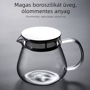 Üveg virág teáskanna fedővel és szűrővel, hőálló, átlátszó, egyszerű dizájn