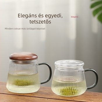 Boroszilikát üvegből készült teáskanna, függőleges mintázattal, 400 ml, három részes készlet, fa fedél és belső betét