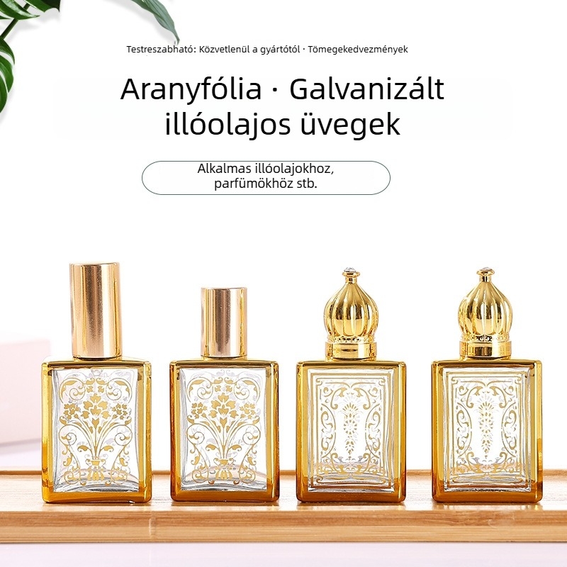 15 ml-es elektroplátolt aranyozott, sík négyszögletes üveg spray- vagy rollerfejű, illóolajok és parfümök számára