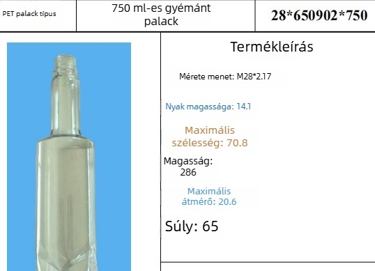 750 ml négyszögletes palack, üveghatású PET-ból, italok és borok számára, lezárt csomagolás, testreszabható