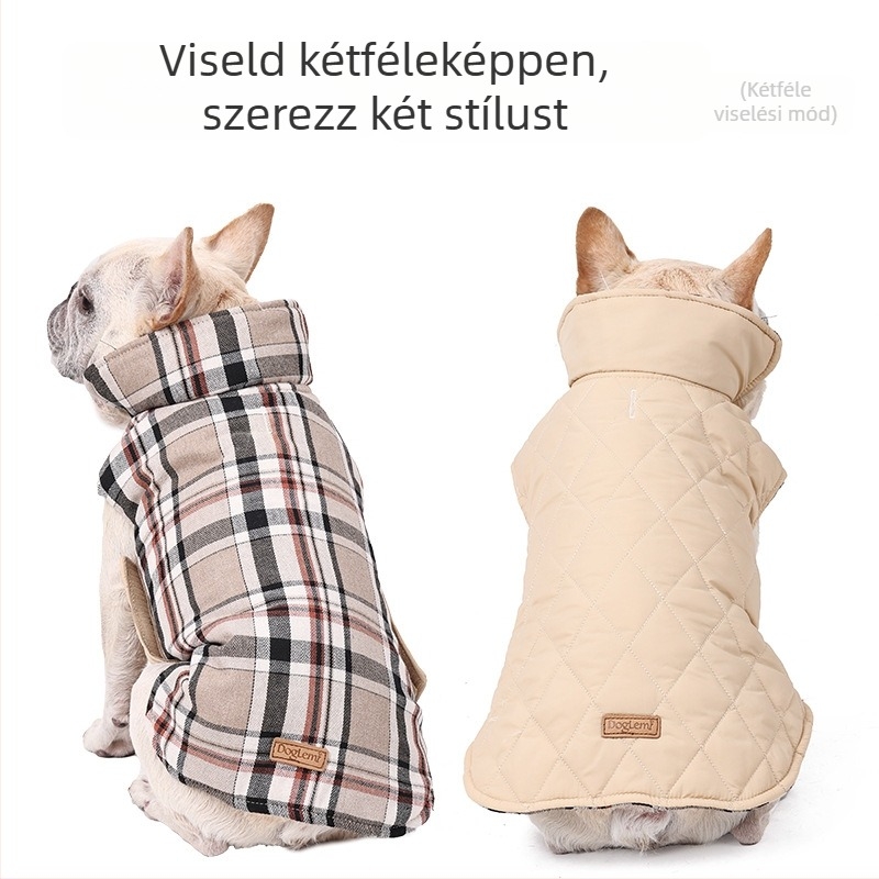 Őszi–téli kutya kabát, vastag töltéssel, klasszikus kockás mintával, kétoldalas nylon vízálló külsővel, pamut töltésű