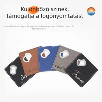 Négyzet alakú bőrös sörnyitó rozsdamentes acélból, csúszásmentes felülettel, pohár alátéttel