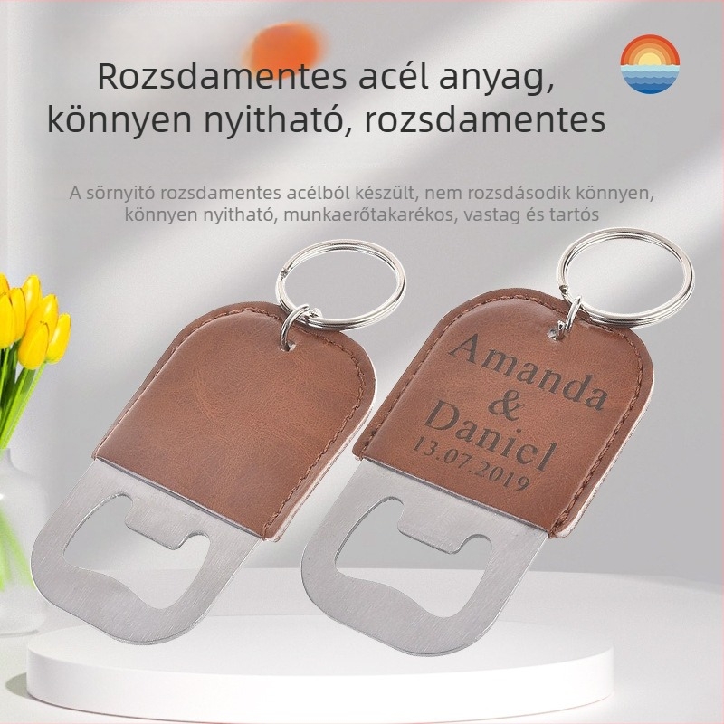 Négyzet alakú bőrös sörnyitó rozsdamentes acélból, csúszásmentes felülettel, pohár alátéttel