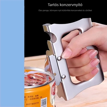 Rozsdamentes acél Konzervnyitó, kézben tartható, négyszögletes kialakítású, sörösüveg-nyitó, többfunkciós kés