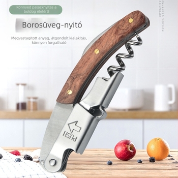Multifunkcionális borosüveg- és sörnyitó, rozsdamentes acélból, fa fogantyúval