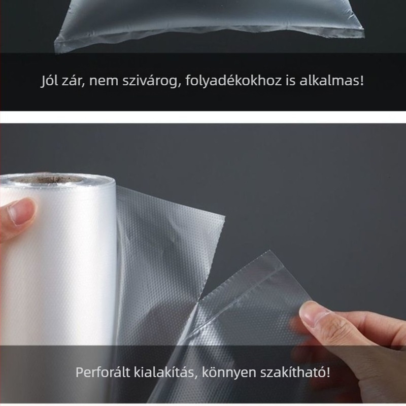 Nyomtatott, vastagabb élelmiszer-minőségű frissesség-tároló műanyag zacskó, nagy tekercs, egyszer használatos, polietilén, perforált szakítóval