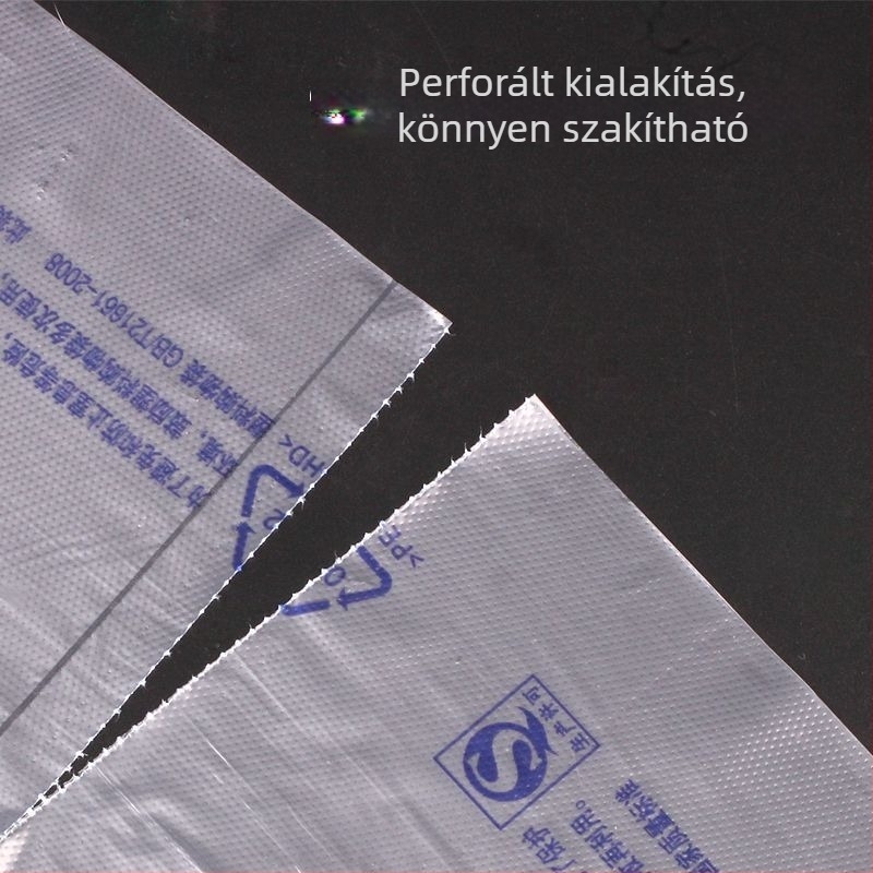 Nyomtatott, vastagabb élelmiszer-minőségű frissesség-tároló műanyag zacskó, nagy tekercs, egyszer használatos, polietilén, perforált szakítóval