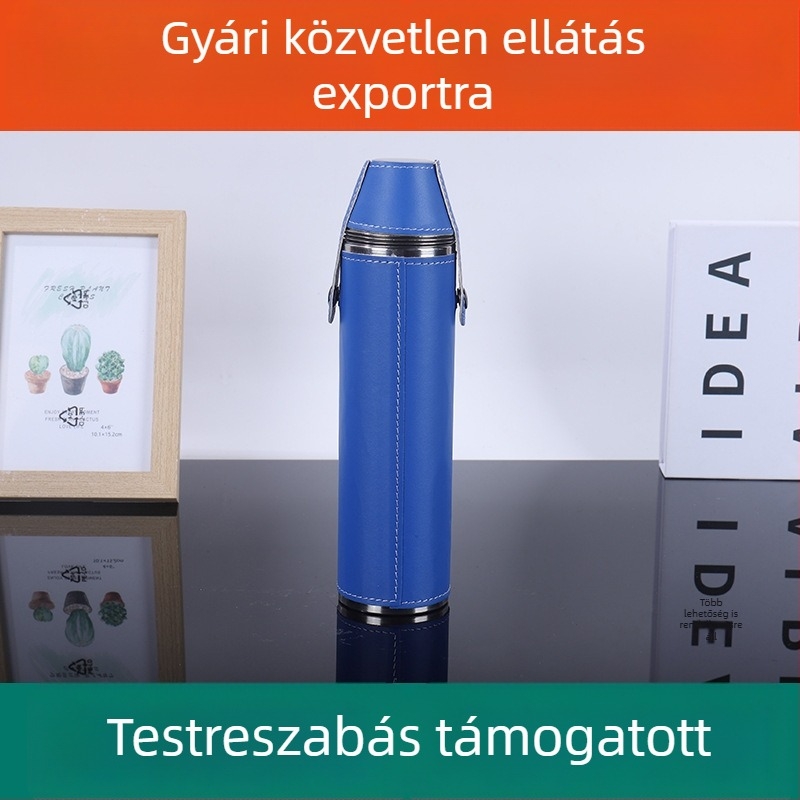 Hengeres, nagy kapacitású rozsdamentes acél flakon bőrtokkal — 2 az 1-ben készlet: flakon és borospohár szabadtéri használatra