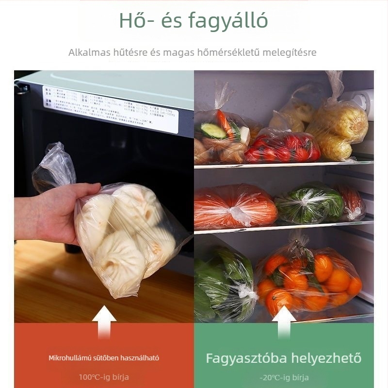 Vastagított lapos szájú élelmiszertároló zacskók tekercsben, PE műanyag, otthoni használatra