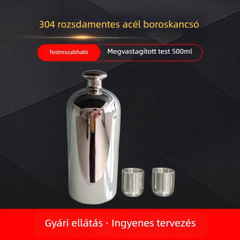 304 rozsdamentes acélból készült, vastagabb testű hengeres boros flakon, hordozható, élelmiszer-minőségű, tükörfényezés