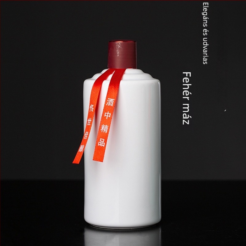 Fehér porcelán borosüveg, 500 ml, Mao-stílusú kerámia palack, üres palack, prémium csomagolás