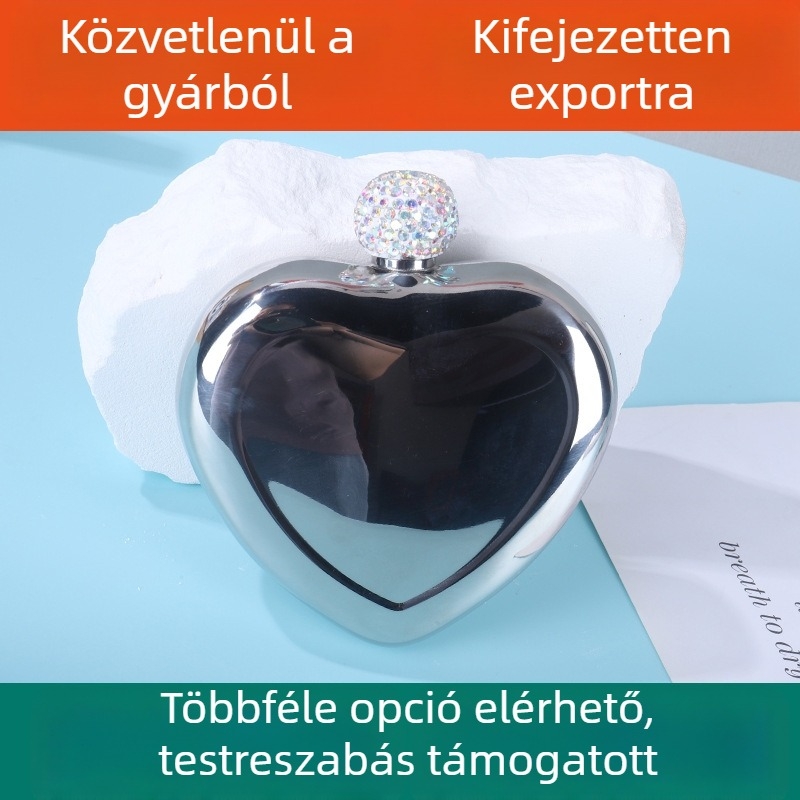Szív alakú hordozható flakon 304-es rozsdamentes acélból, gyémántbeültetéssel, fényes, egyedi külső a szabadban való használatra