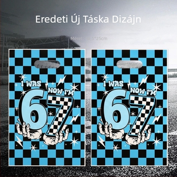 Új, szórakoztató 67-es számú fekete-kék kockás nyomtatott tote táska születésnapi ajándékokhoz és édességekhez