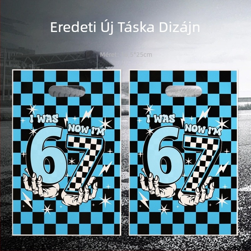 Új, szórakoztató 67-es számú fekete-kék kockás nyomtatott tote táska születésnapi ajándékokhoz és édességekhez
