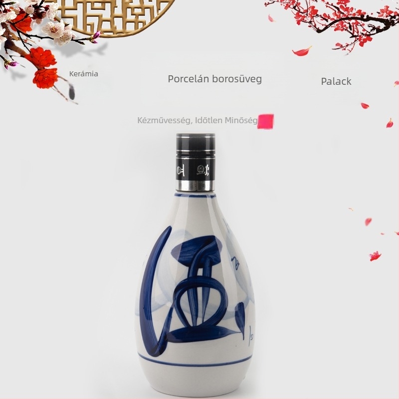 Kék-fehér porcelán kerámia üres borosüveg, kézzel festett, 0,5 kg, kis háztartási italos üveg, prémium