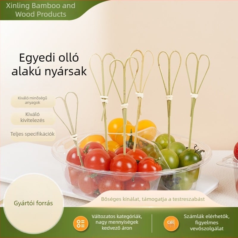 Olló alakú gyümölcsnyársak; kandírozott gyümölcsnyársak; koktélnyársak; egyszer használatos bambusznyársak; kreatív nyársak otthoni és professzionális felhasználásra.