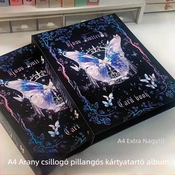 Fekete-kék pillangó kártyaalbum, A4 méret, leválasztható lapokkal, kilenc rekeszes rács, kemény borítás, elegáns kis kártyatár.
