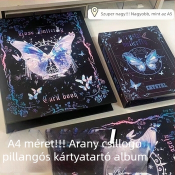Fekete-kék pillangó kártyaalbum, A4 méret, leválasztható lapokkal, kilenc rekeszes rács, kemény borítás, elegáns kis kártyatár.