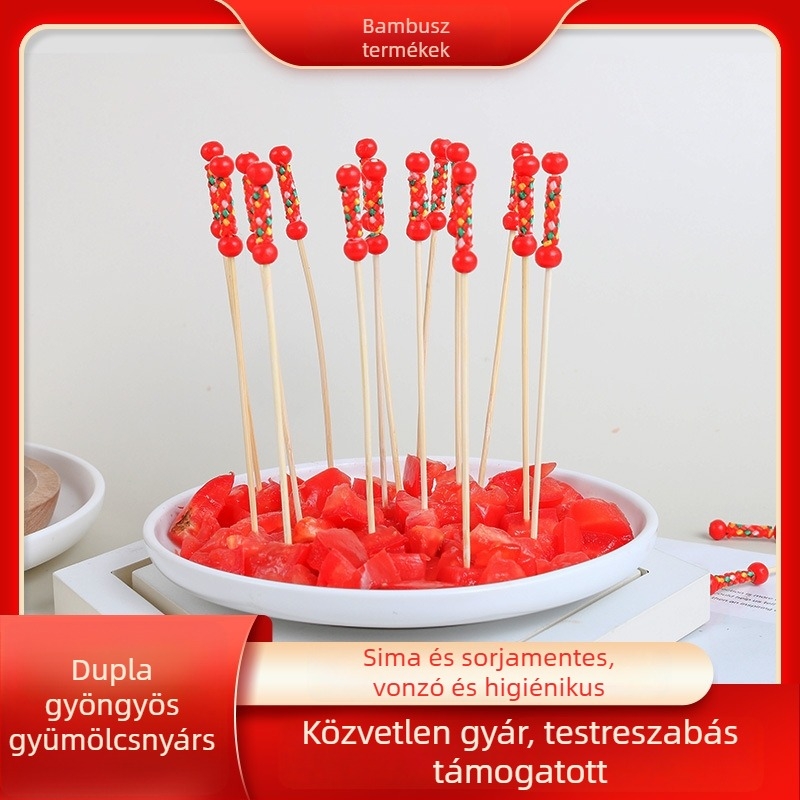 Piros kettős gyöngyös gyümölcsnyársak, 100 db, bambusznyársak, virágos nyársak, gyümölcsvillák, kreatív fogpiszkálók, boros nyársak
