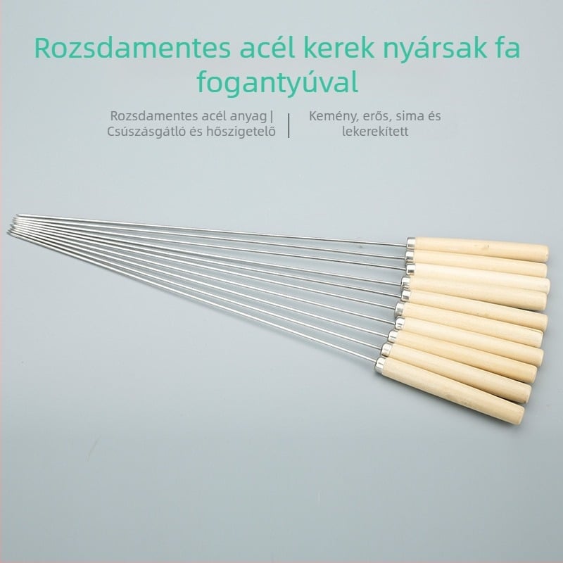 Rozsdamentes acél nyársak fa nyéllel, egyszer használatos kerek nyárs grillhez és bárány nyársakhoz