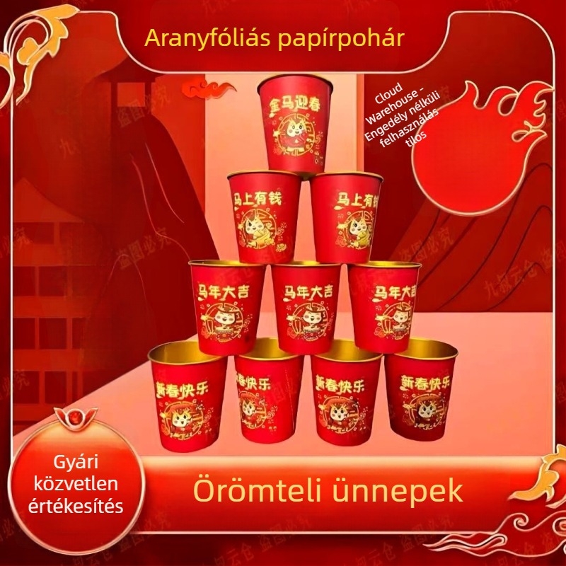 Aranyfóliás papírpohár, piros, egyszer használatos, vastított, égés elleni, hőálló, 201–300 ml, otthoni használatra, Kínai Újév – Tavaszi Fesztivál