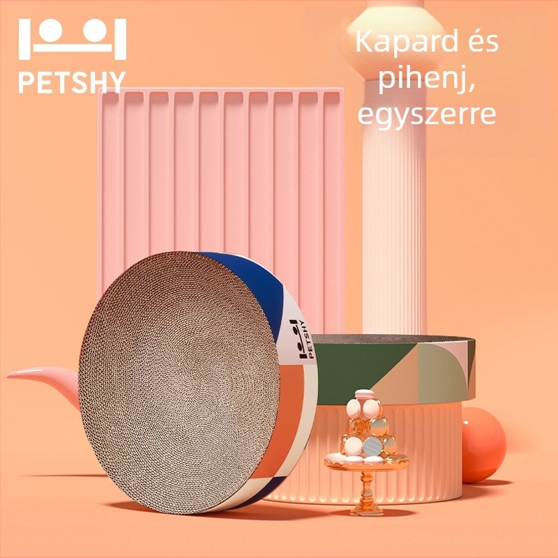 PETSHY Macska kaparó tábla beépített odúval és tálcával — kopásálló, nem hullik a szőr, tartós