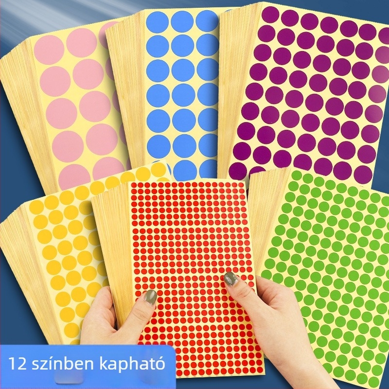Színes címkék, kézzel írt öntapadó azonosító címkék, hónapokat jelző pöttyök, kerek záró matricák, testre szabható öntapadós címkék