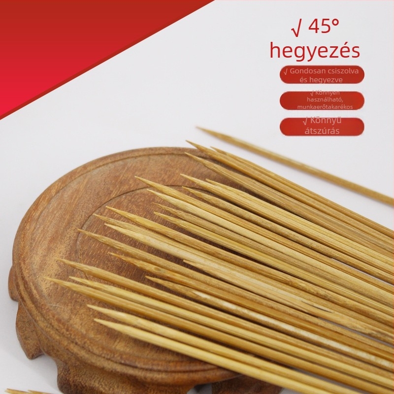 Egyszer használatos karbonizált bambusz nyársak grillsütéshez; bárány nyársak mala tanghoz; karamellizált gyümölcs nyársak; grillkolbász nyársak; hordozható sült nyársak