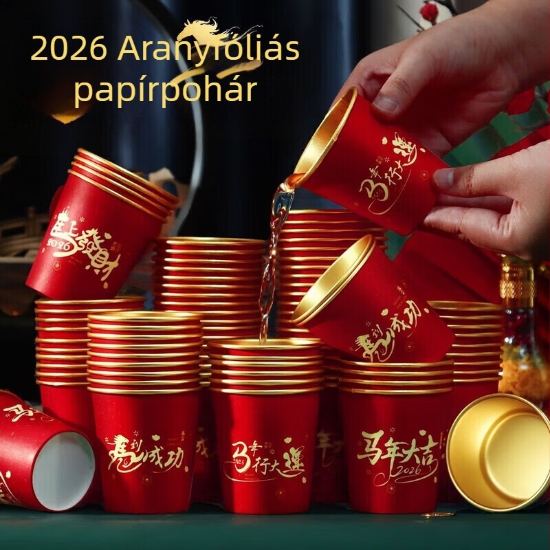 2026 ló éve papír pohár forró italokhoz aranyfóliával, piros, vastagított ünnepi egyedhasználatos pohár a kínai új évre
