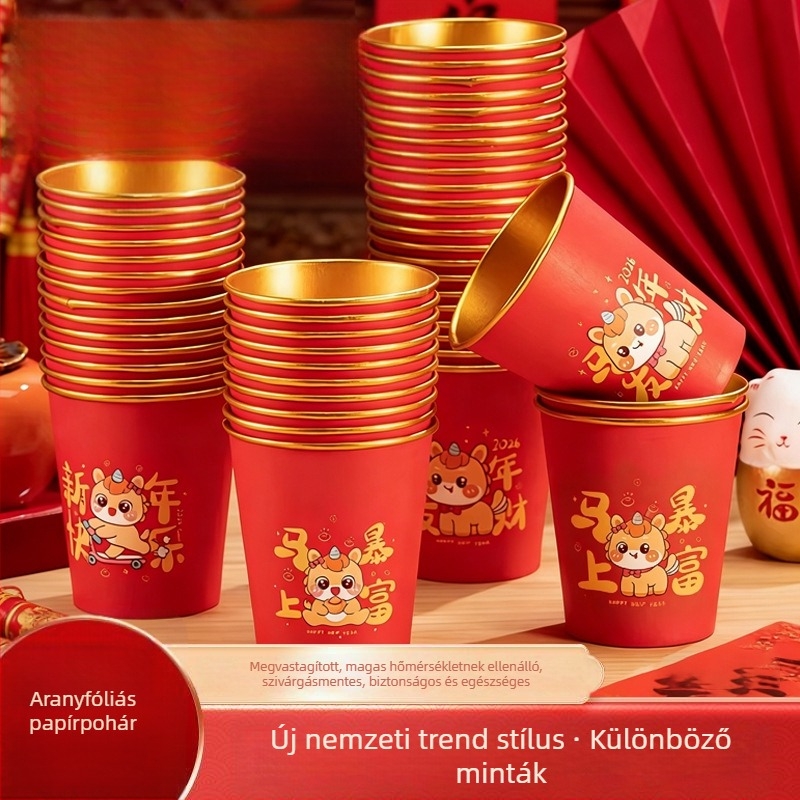 2026 ló éve – otthoni használatra szánt, vastagabb, hőálló papírpohár aranyfóliával, 201–300 ml