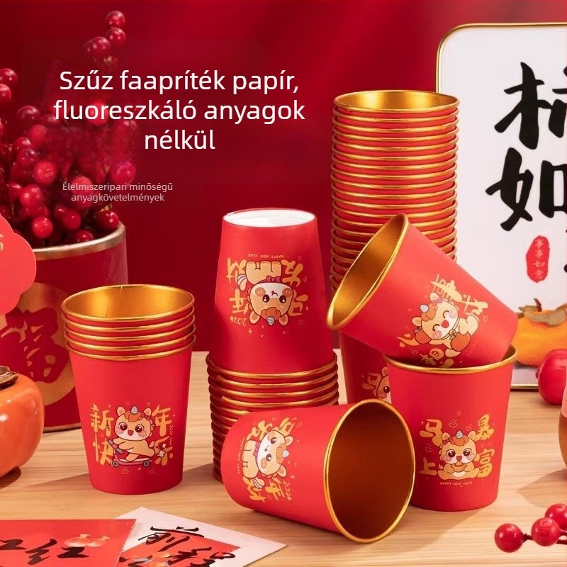 2026 ló éve – otthoni használatra szánt, vastagabb, hőálló papírpohár aranyfóliával, 201–300 ml