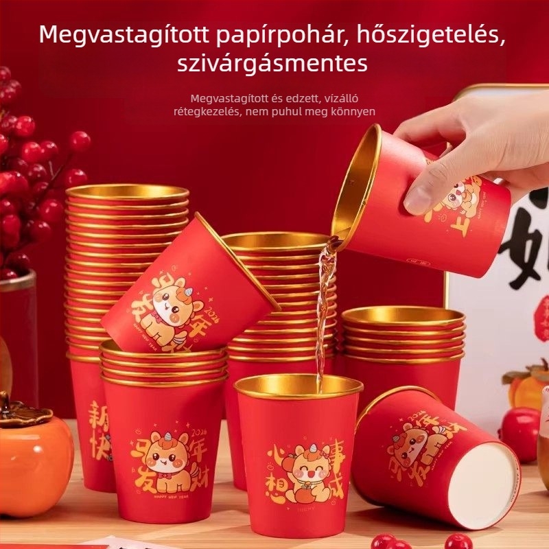 2026 ló éve – otthoni használatra szánt, vastagabb, hőálló papírpohár aranyfóliával, 201–300 ml