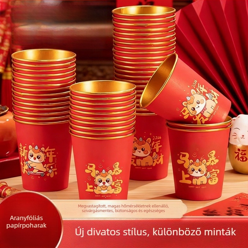 2026 ló éve – otthoni használatra szánt, vastagabb, hőálló papírpohár aranyfóliával, 201–300 ml