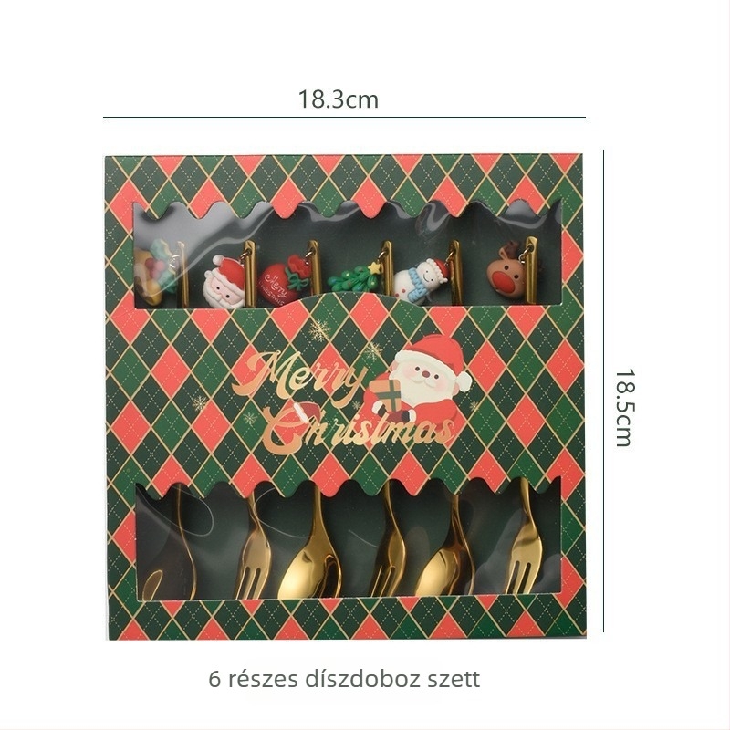 Testreszabható karácsonyi kanál- és evőeszköz készlet rozsdamentes acélból, Mikulás és karácsonyfa motívummal, ajándékdobozban.