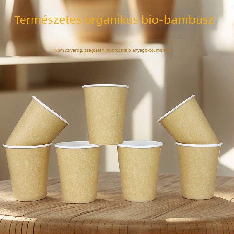 Bambuszrostból készült egyszer használatos poharak, teljes kartondobozban, természetes színű, forró italokhoz