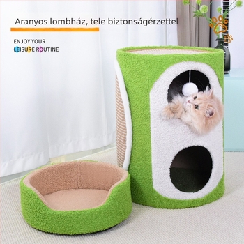 Kétszintes macska karmoló oszlop sisállal, integrált odúval és karmoló táblával, tartós