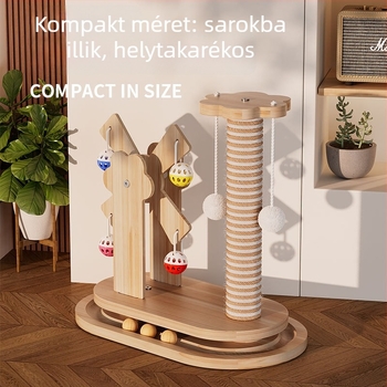 Fából készült macskatárgy forgó platformos szélmalom-stílusúval, karmoló tábla, csalogató pálca és golyóval ellátott karmaláb