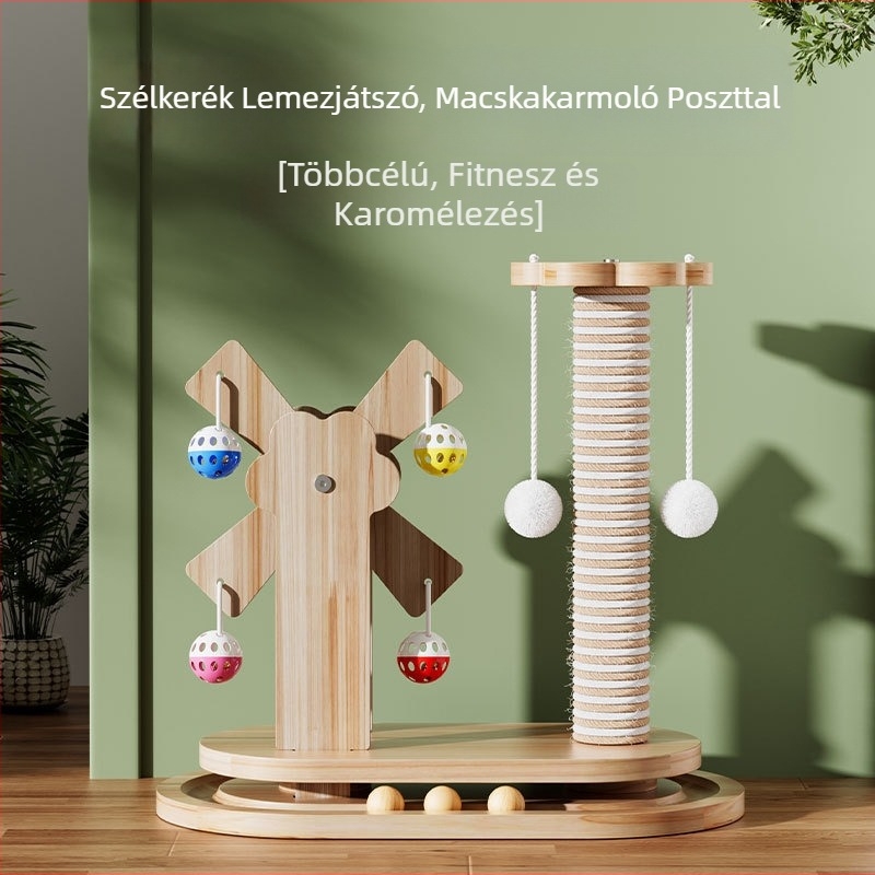 Fából készült macskatárgy forgó platformos szélmalom-stílusúval, karmoló tábla, csalogató pálca és golyóval ellátott karmaláb