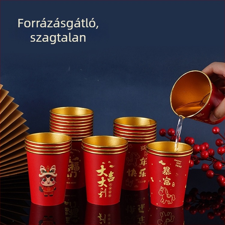 Piros egyszerhasználatos papírpoharak arany fóliával, vastagított és erősek forró vagy hideg italokhoz; esküvői karikatúra dizájn a tavaszi ünnepre; 201–300 ml; 50 db.