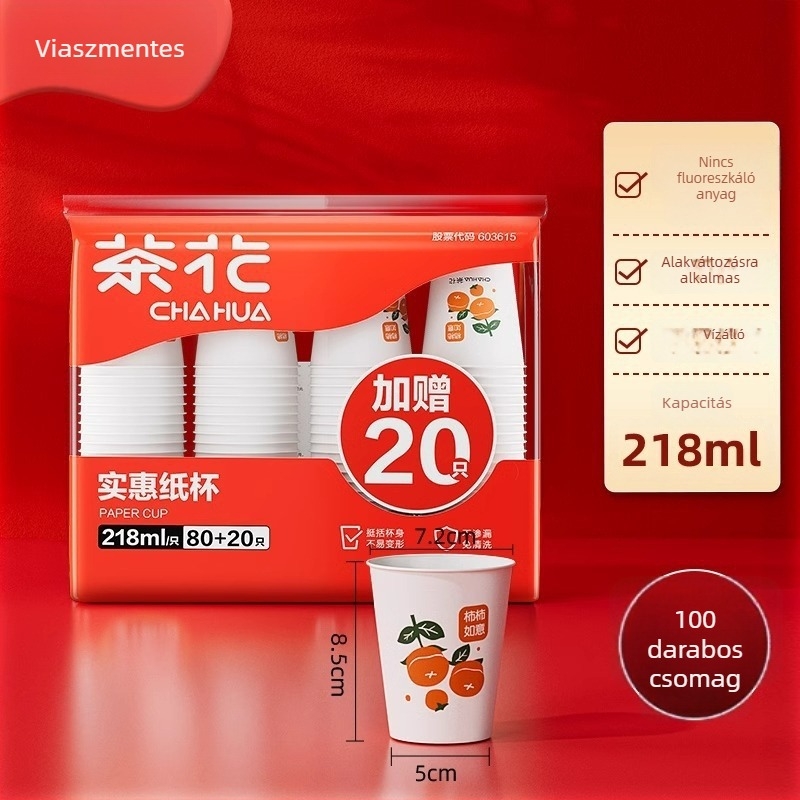 Camellia 218 ml laminált egyszer használatos papír pohár, 100 darabos csomag, PE laminált, szivárgásmentes