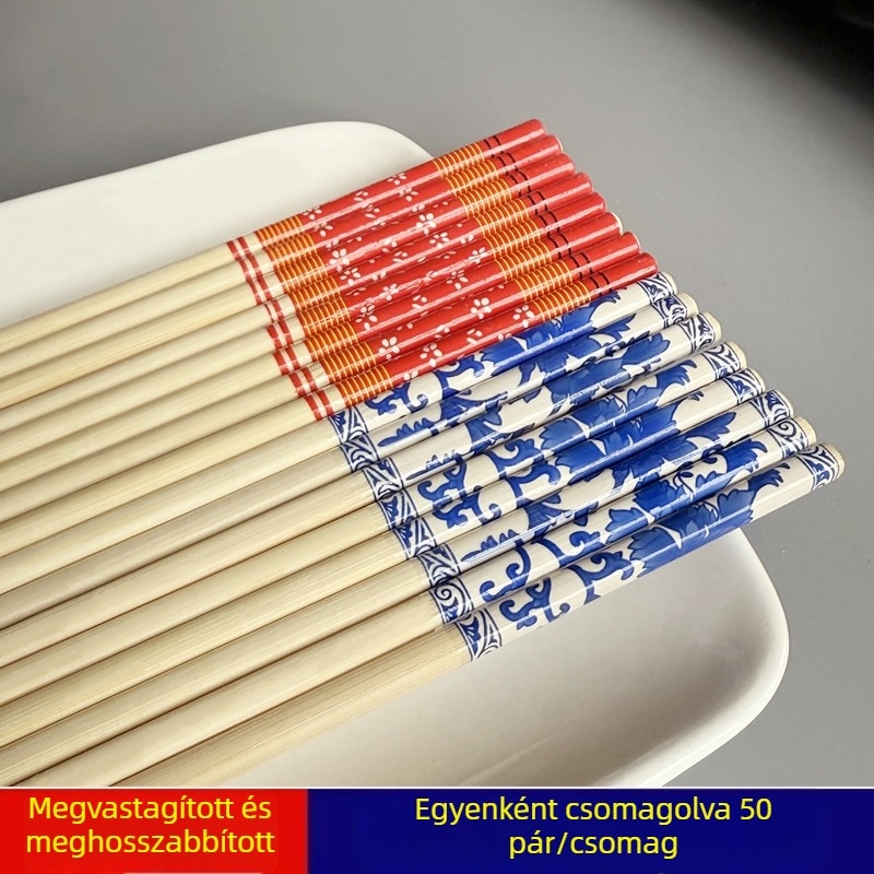 Egyszer használatos bambusz evőpálcikák esküvői és háztartási használatra, kék-fehér porcelán mintás készlet, egyedi csomagolás, hosszabbított és vastag, kiváló minőség