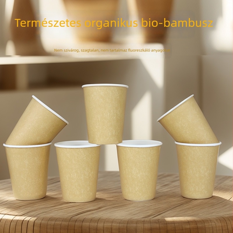 Bambusz rostból készült egyszer használatos papírpoharak, természetes színű, forró italokhoz, 201–300 ml