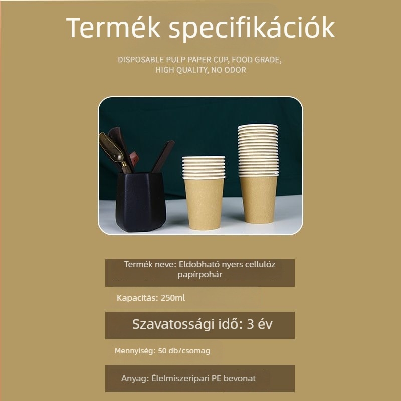 Bambusz rostból készült egyszer használatos papírpoharak, természetes színű, forró italokhoz, 201–300 ml
